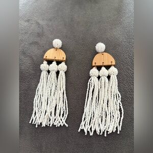 White Beaded Tassel Earrings with Wood Accent